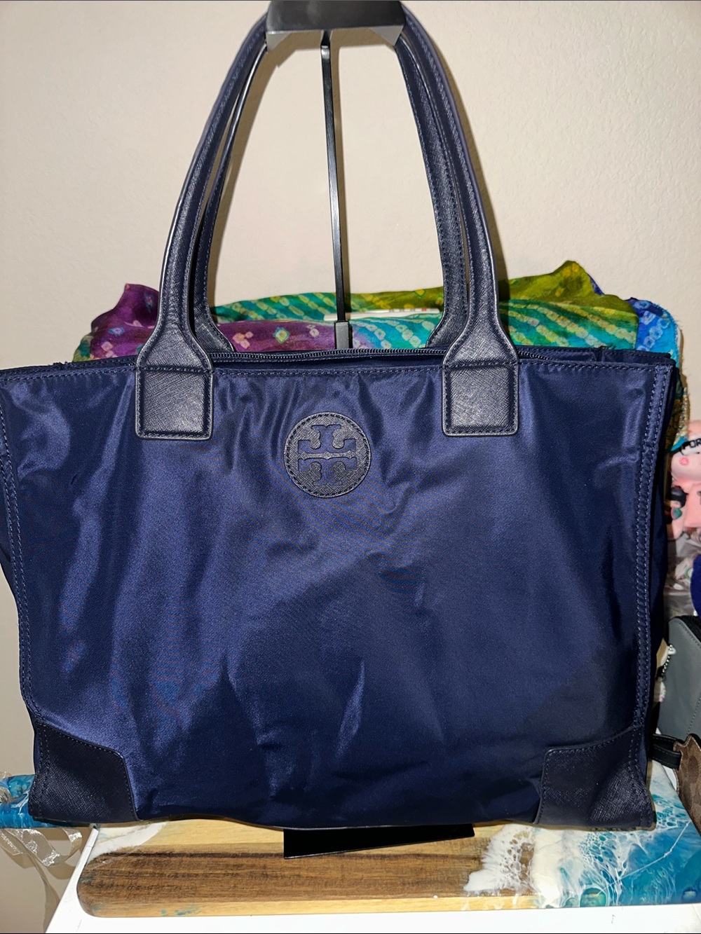 Tory Burch Navy Tote with Leather Trim